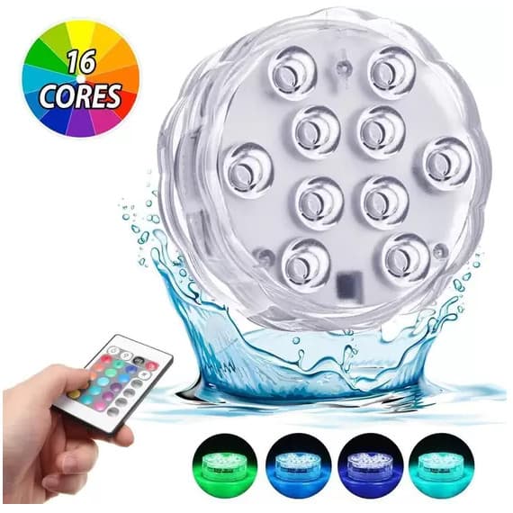 Luminária Piscina com Ventosa 10 LEDs RGB – Prova d’Água Submersível + Controle Remoto