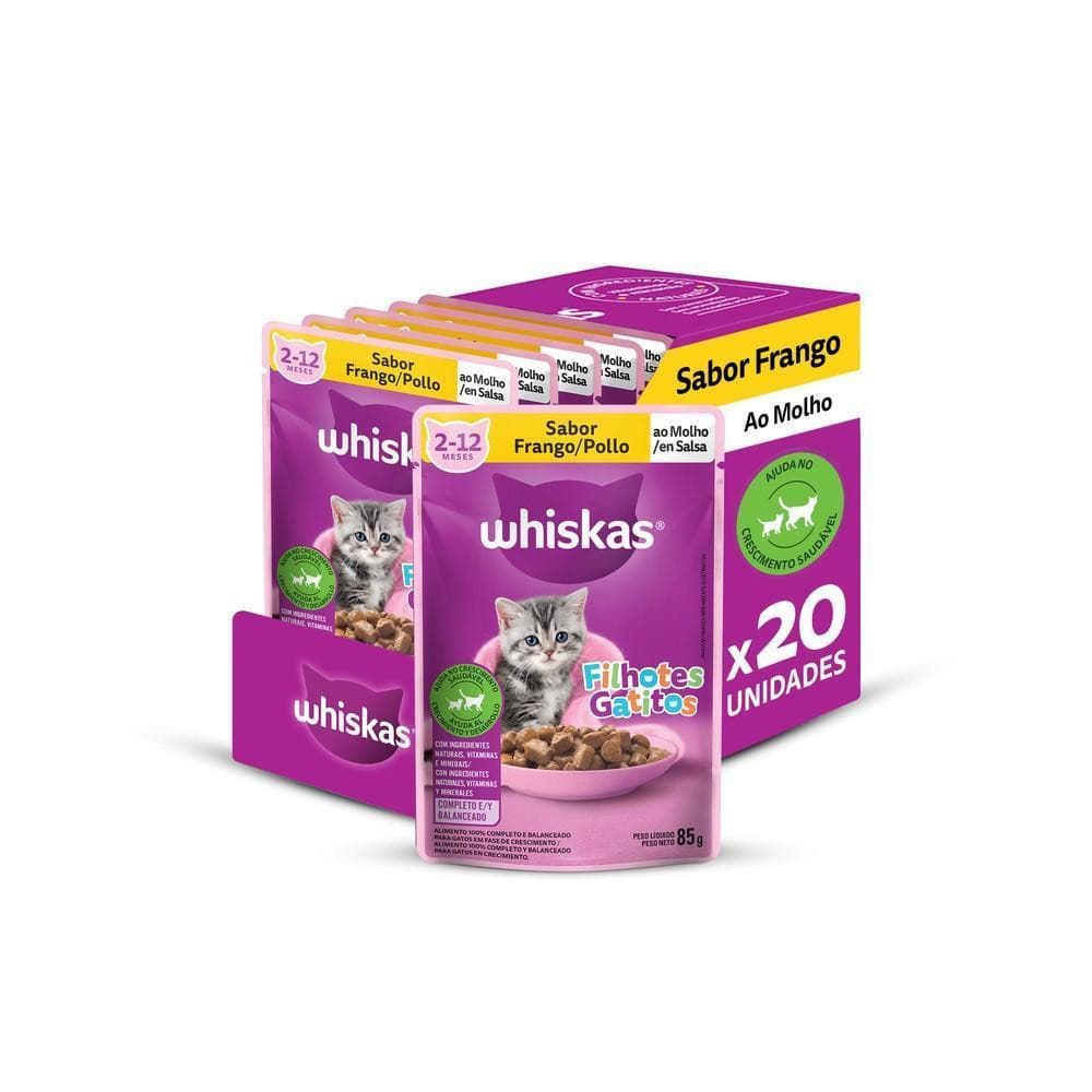 Kit Ração Úmida Whiskas Sachê Frango ao Molho para Gatos Filhotes 20 Unidades