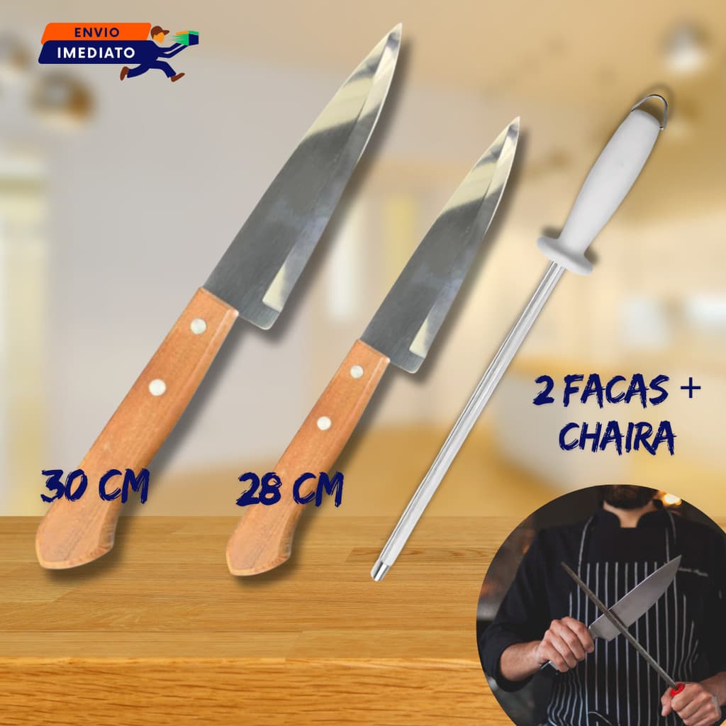 2 FACAS DE CARNE LEGUMES CHURRASCO PEIXEIRA DE INOX 7" E 6" CABO MADEIRA COM CHAIRA AMOLADOR AMOLAR