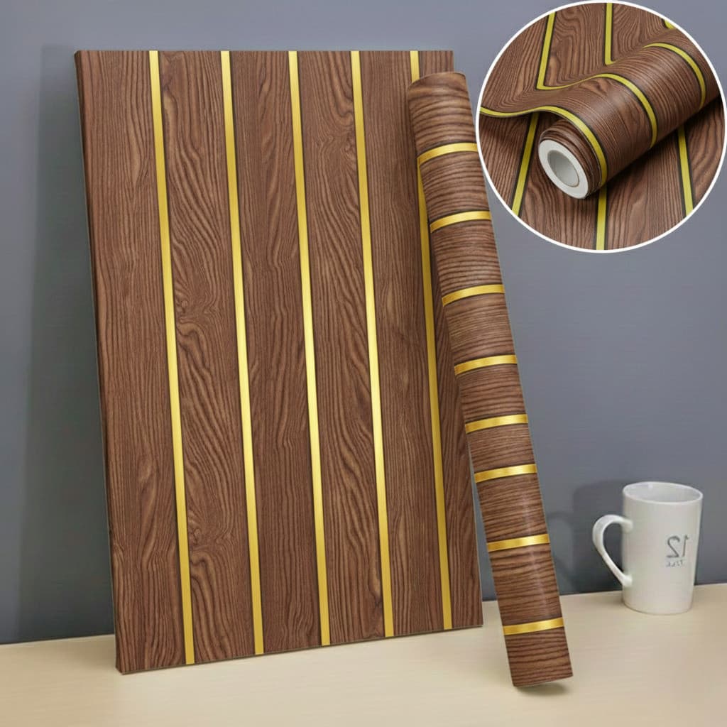 Papel De Parede 5 Metros Com Relevo 3D Decoração De Parede Moderna Com Textura Retrô Cor Marrom Com Linha Dourado