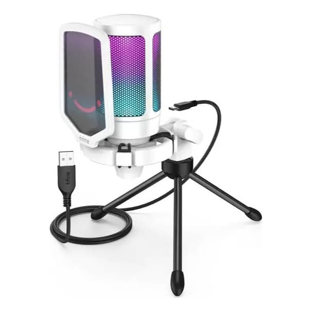 Microfone Fifine A6V Gamer USB Original Condensador Cardioide Podcast RGB Exclusivo Disponível na Cor Branco