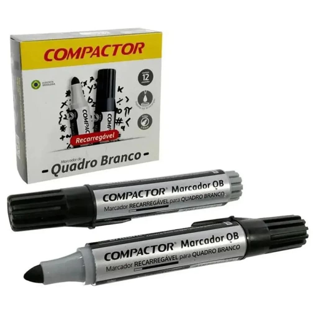 Pincel Marcador Quadro Branco Compactor Preta 12 Un.