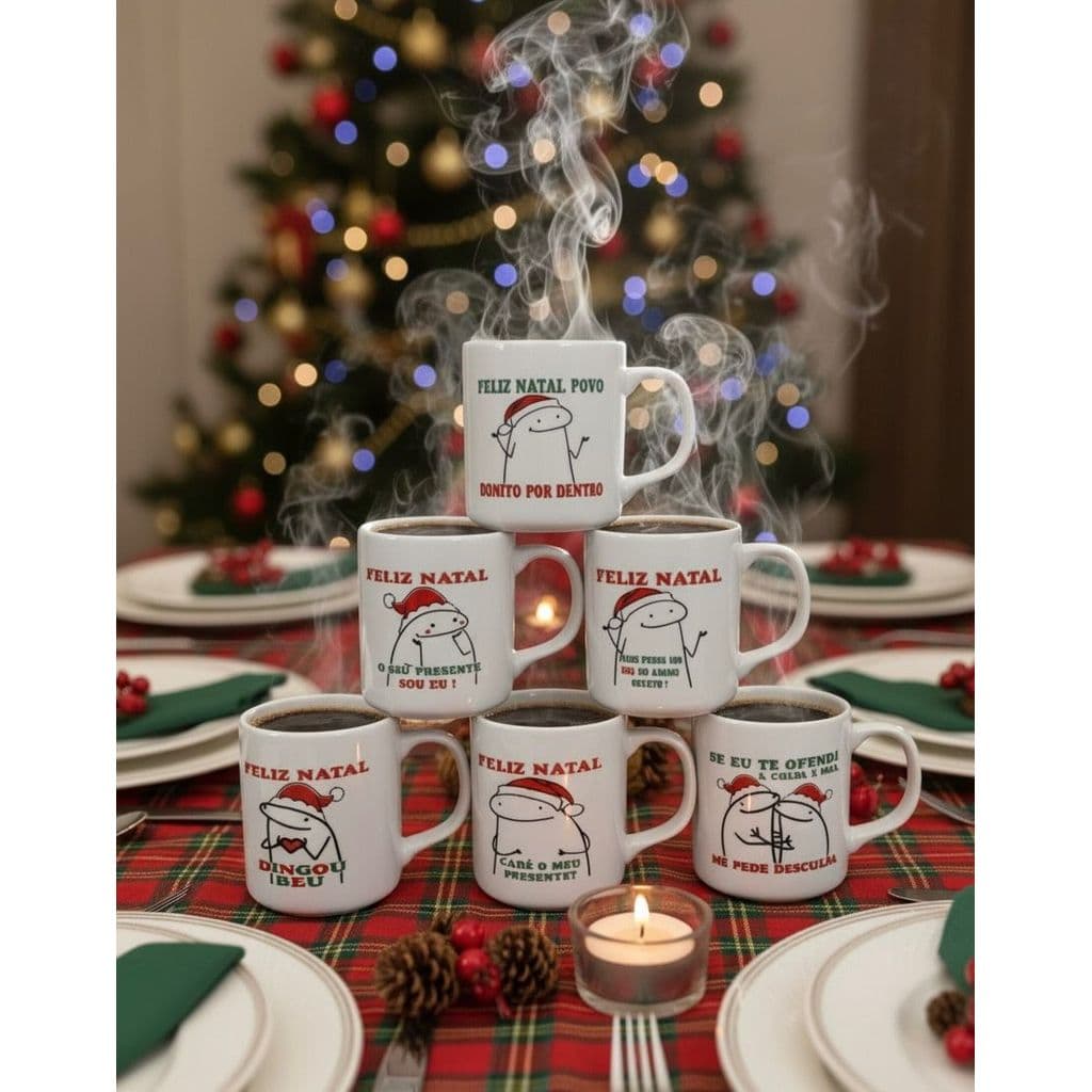 Jogo 6 canecas 300ml Flork Feliz Natal - Kit Porcelana