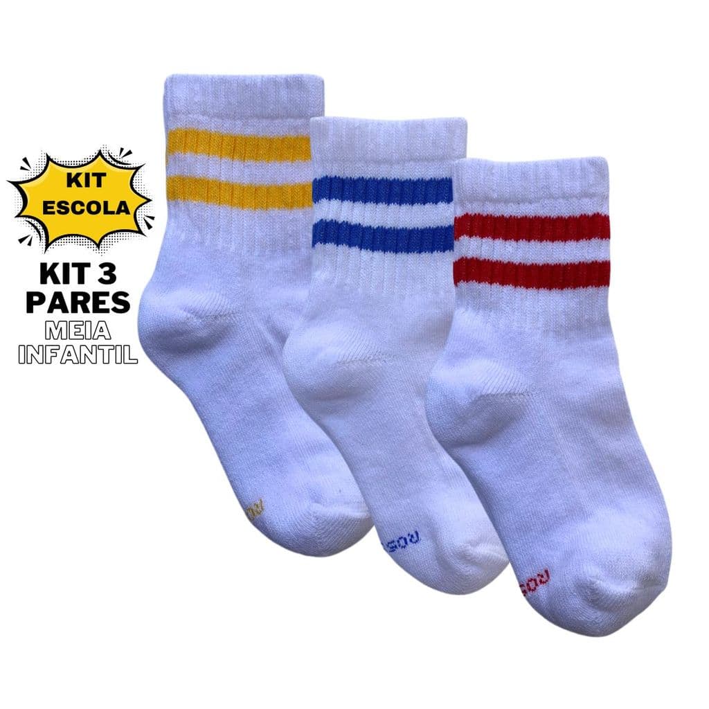Kit 3 Pares Meia Cano Curto Atoalhada Infantil Escolar