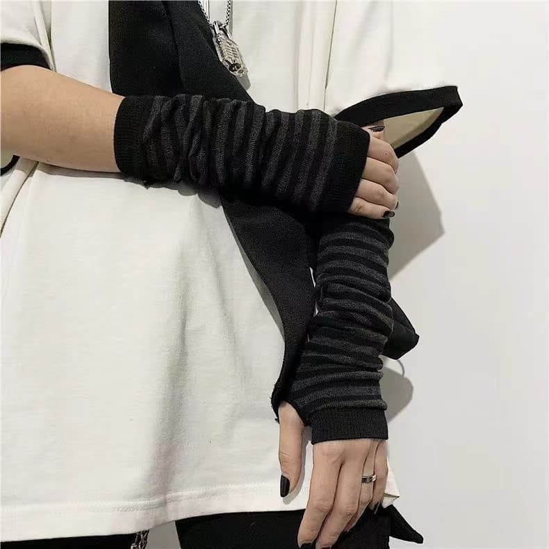 Luvas Listradas Modernas De Meio Dedo – Mangas Macias Flexíveis Unissex Y2k Anime Punk Para Cosplay/Casual
