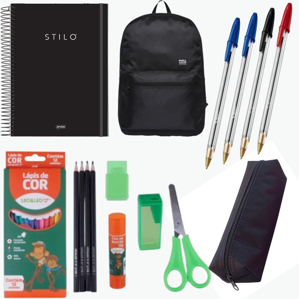 Kit escola mochila+estojo+caderno+material escolar colorido