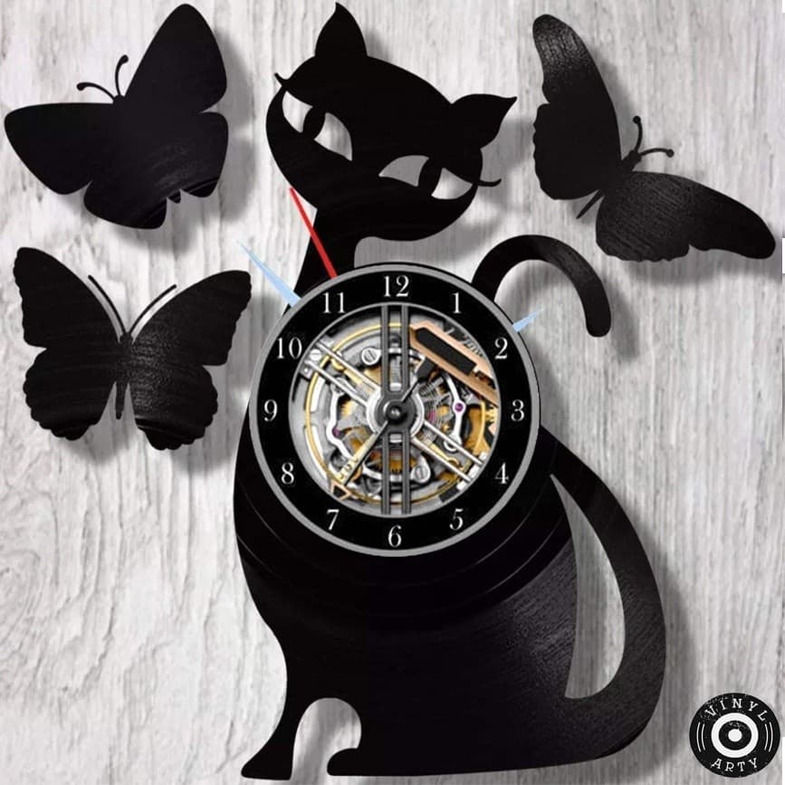 Relógio  de parede Gato, Pet, Decoração - Feito em disco De Vinil Real - Disco de vinil cortado Relógios de parede 30cm