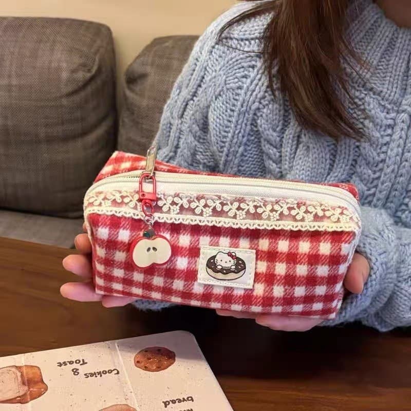 Estojo De Lápis De Grande Capacidade Xadrez Vermelho Fofo Apple Cat Pen Case Caixa De Armazenamento Bolsa De Costura Con