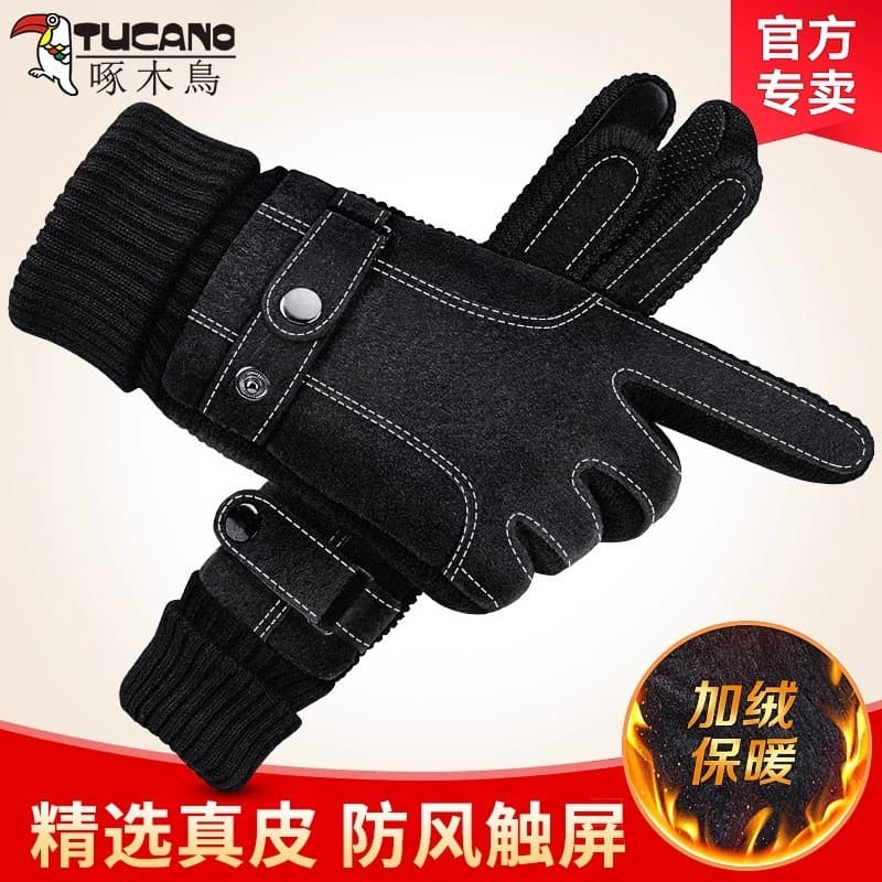 Woodpecker luvas de couro dos homens inverno ciclismo forro lã engrossado tela toque couro genuíno quente motocicleta à