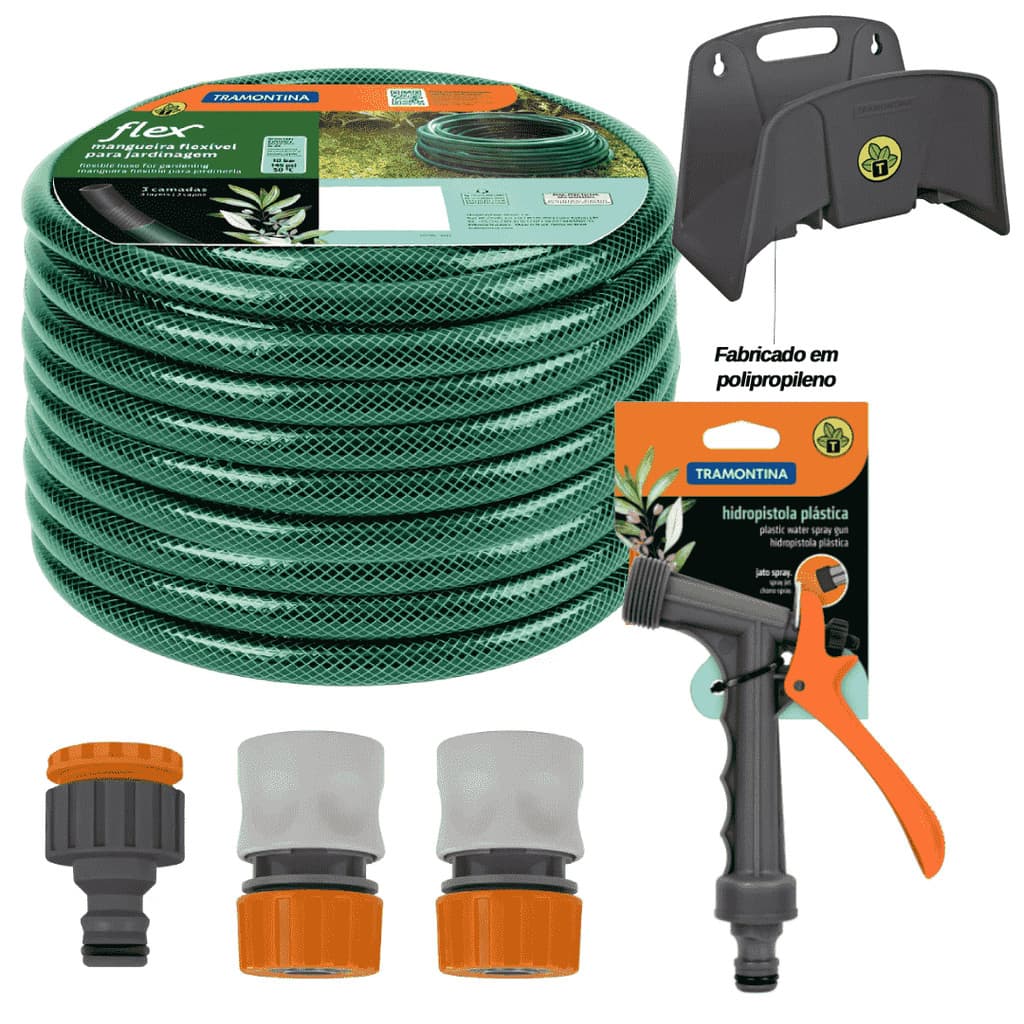 Mangueira de Jardim Tramontina Flex Verde 1/2 Trançado ate 30 metros kit Esguicho e Suporte