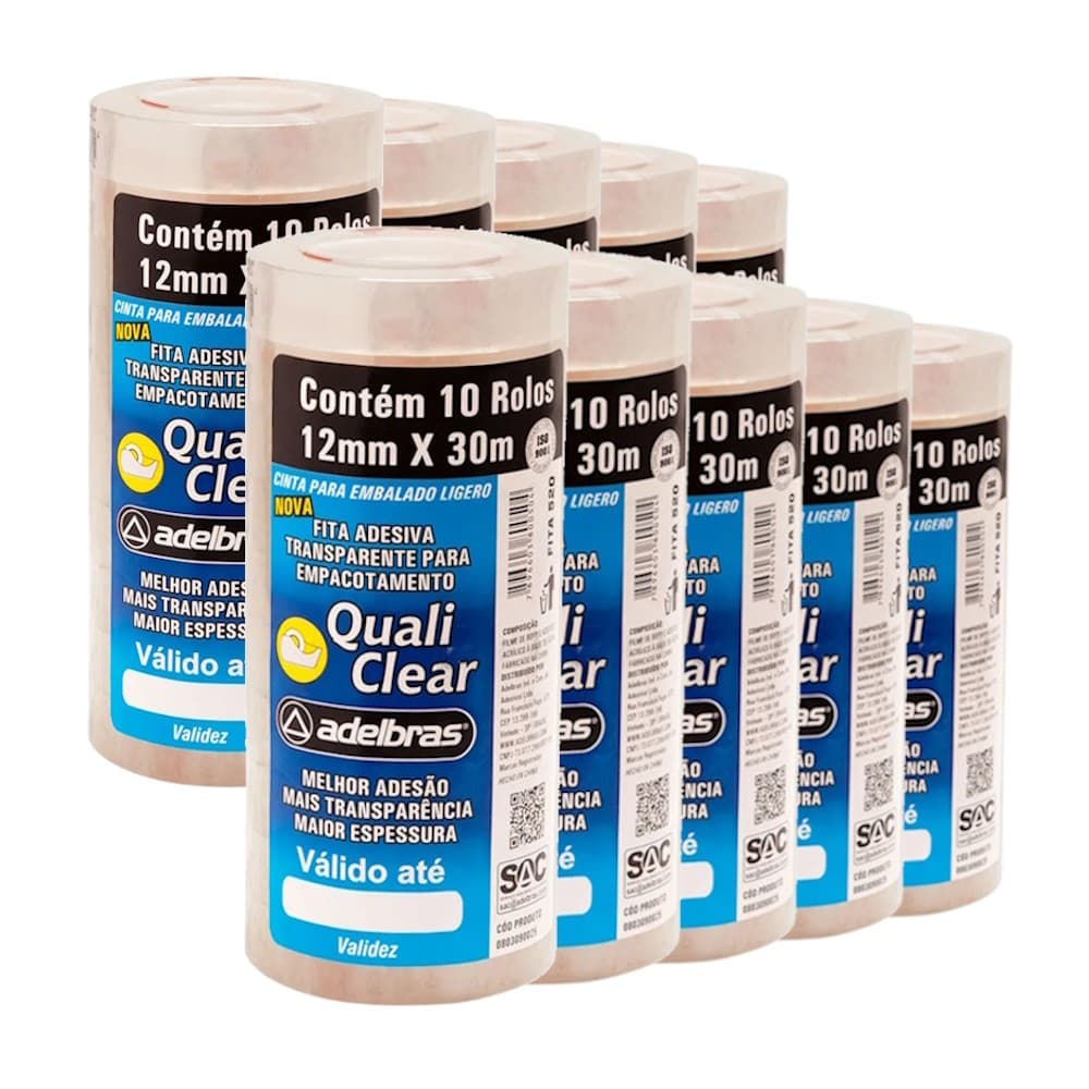 Combo Com 100 Fitas Adesivas Pequena Transparente 12mm x 30m Multiuso Quali Clear Adelbras Lojista