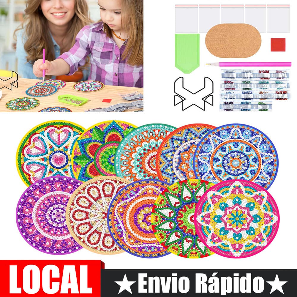 Porta-copos de diamante estilo Mandala DIY Point Conjunto de 10 peças de diâmetro 10 cm com placa verde Caneta de diaman