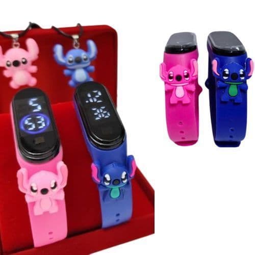 Kit Relógio Infantil Digital Led Prova água 3D Disney Lilo e Stitch Rosa azul Barato
