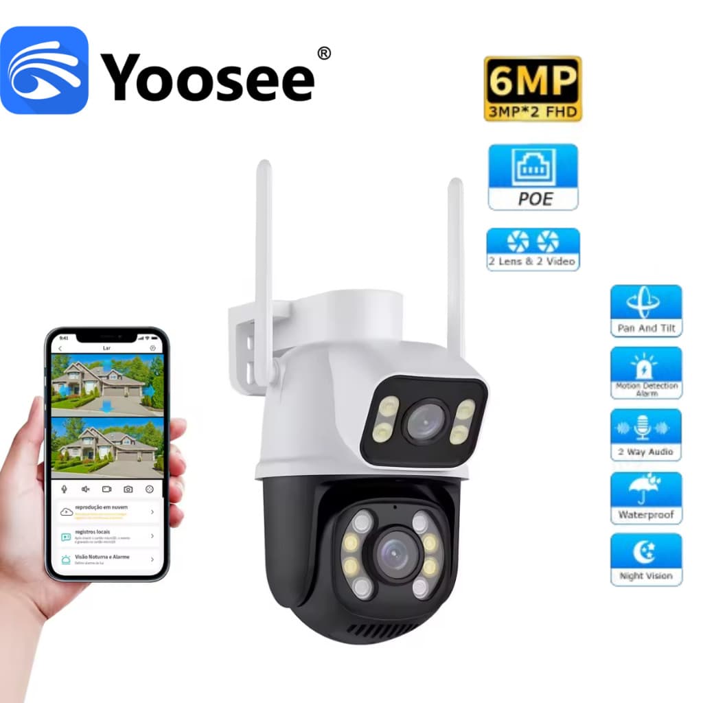 Camera Segurança A28b Lente Dupla 6mp Yoosee Cor Preto/branco WIFI ALEXA  2 Em 1 Visao Noturna