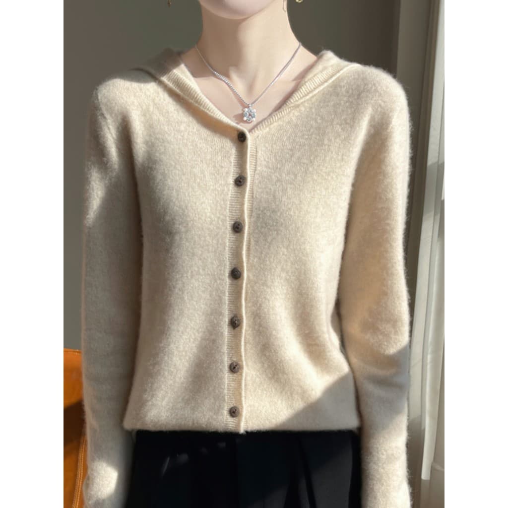 Outono inverno novo estilo com capuz de malha Cardigan feminino solto interior com capuz moletom feminino longo @-