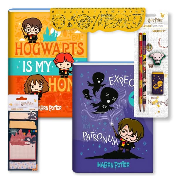 Caderno Harry Potter Brochurão Kit Escolar Grande Criança Costurado Regua Lápis Apontador Borracha Bloco de notas
