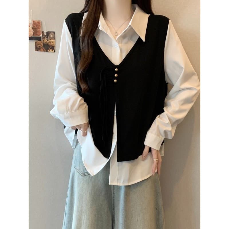 Colete falso de duas peças costura camisa de manga comprida outono 2026 novo estilo Plus Size roupas femininas gordura m