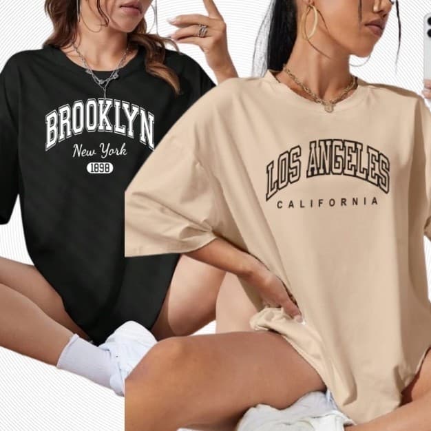 Kit 2 Camisetas Feminina Corte Reto Los Angeles Brooklyn 100% Algodão