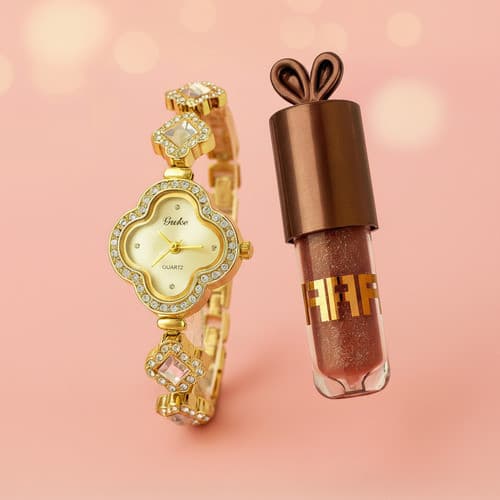 Kit Presente Relógio Trevo Feminino + Gloss Lip Bunny