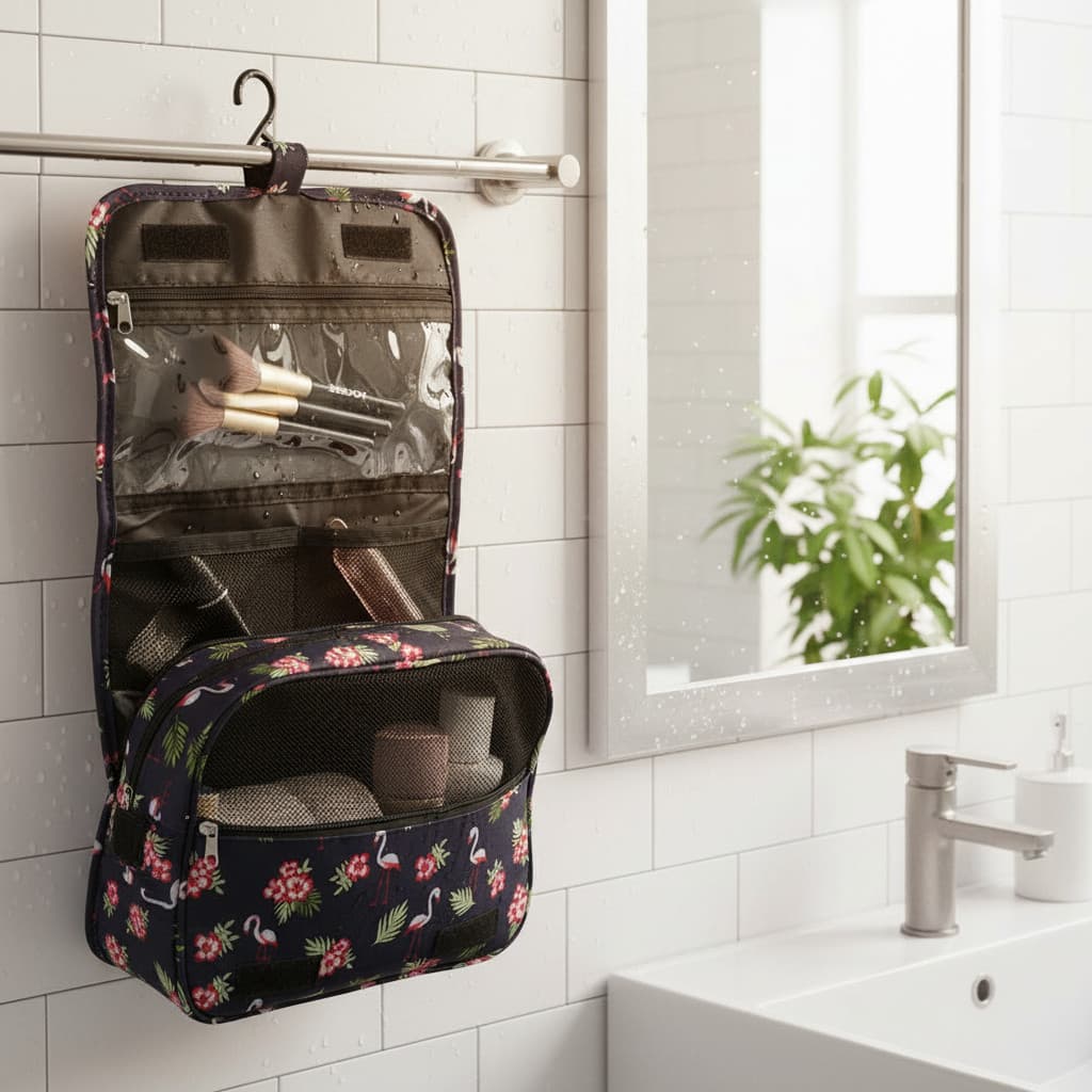 Necessaire Viagem Organizadora Maquiagem Higiene Impermeavel Azul-marinho Flamingo