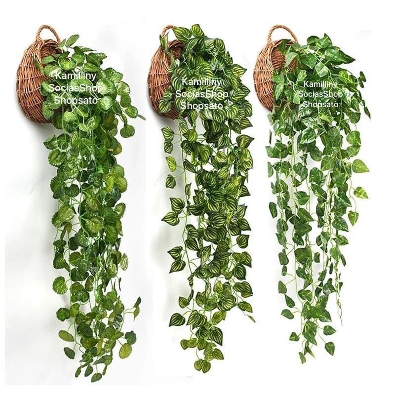 Planta Decorativa +3 Vasos Vime Trançado Marrom 3 Pendentes Artificial Folhas Penduradas