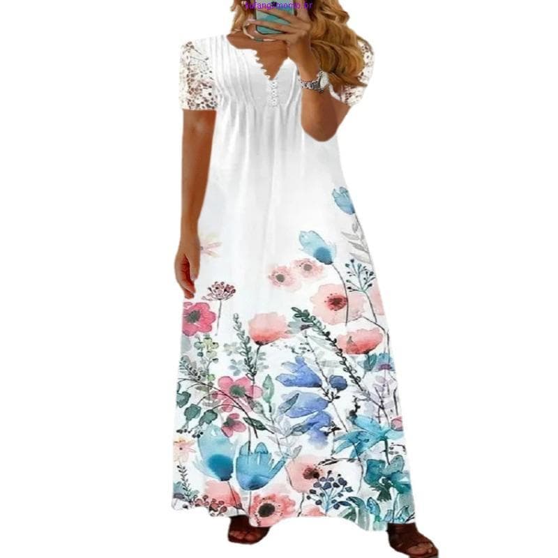 Vestido branco longo plus size estampado feminino de manga curta com decote em V