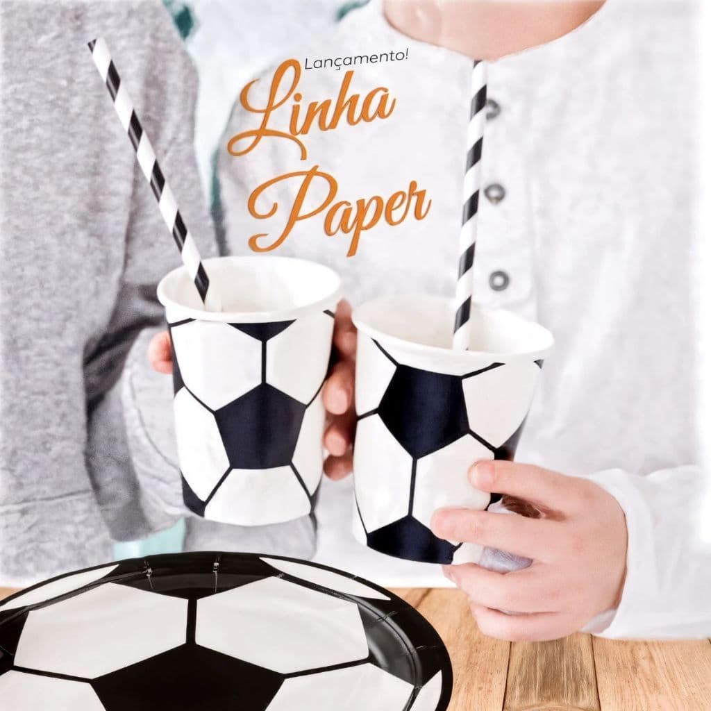 Kit Prato e Copo de Papel Futebol Bola Premium Ecológico Decoração Chapeu Faixa Aniversário