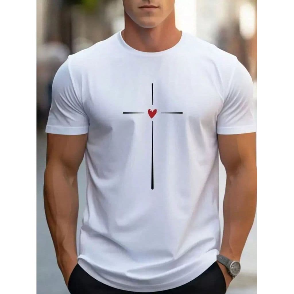 Camisa coração e cruz estampada masculina e feminina 100% algodão
