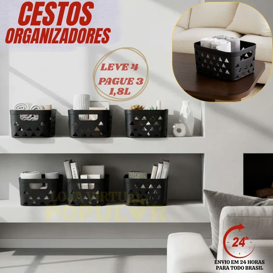Conjunto LEVE 4 PAGUE 3 Cestos Organizadores Triângulo 1,8L Multiuso
