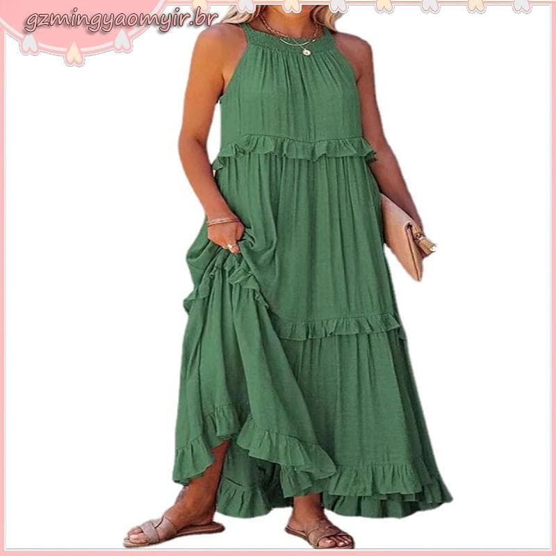 Vestido De Verão Solto Longo Casual Elegante De Mangas De Cabresto Pregueadas Mulheres Festa De Praia Maxi Vestidos De