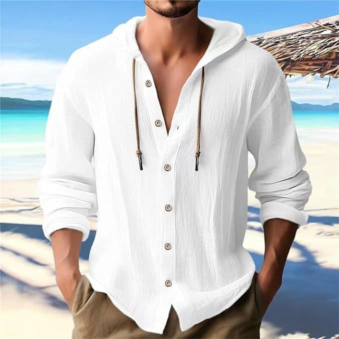 Camisa masculina de linho de algodão com cordão e capuz, cor sólida, solta, manga comprida, camisa Casual, jaqueta de pr