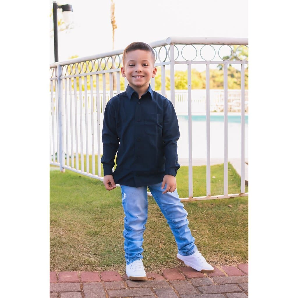Camisa De Botão Social Com Bolso Infantil Lisa Manga Longa Algodão