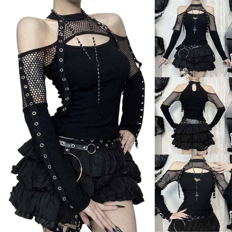 Blusa Feminina Punk Gótica Escura QUICKR Camisa Arrastão Ombro Frio Para Noites