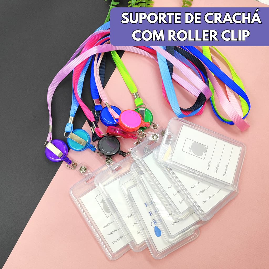 Cordão Com Porta Crachá Vertical Duplo Roller Clip Retrátil Porta Cartão Estudante Bilhete