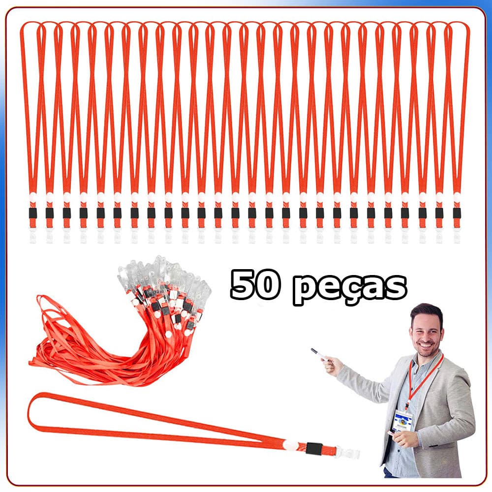 50x Cordões Porta Crachá Cordão vermelho - Cordão para cartão de identificação com clipe Lanyard Suporte Poliéster