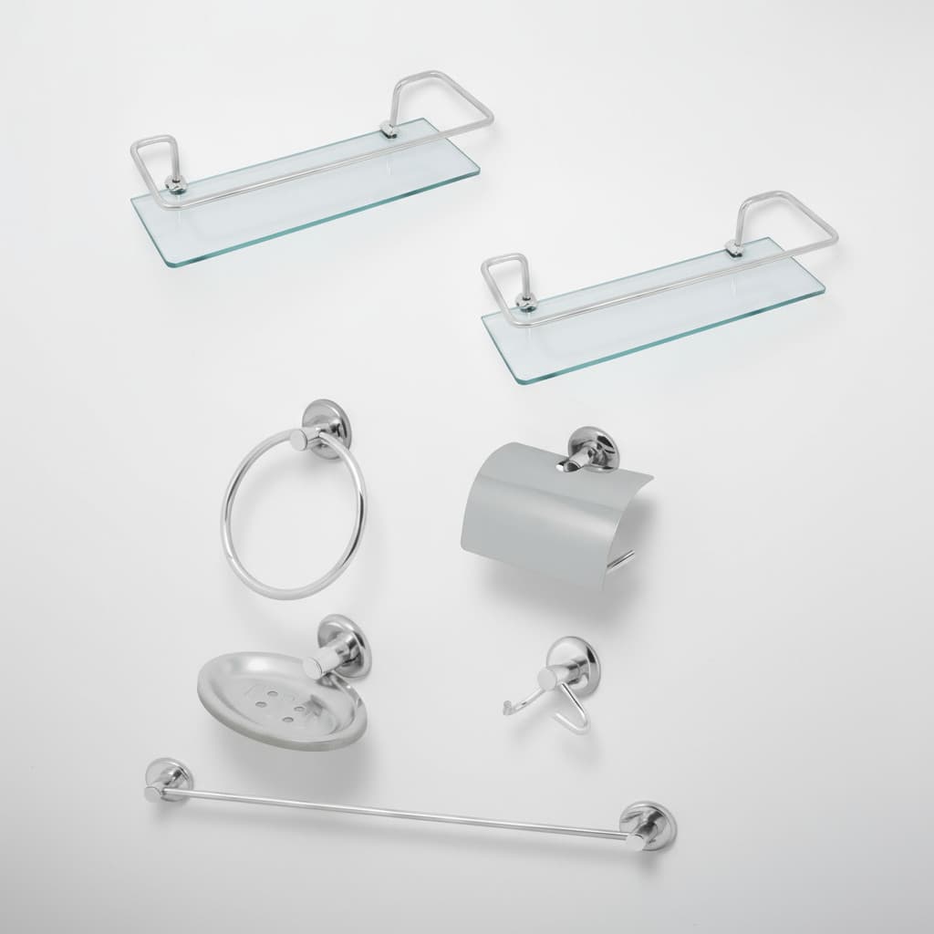 Kit Acessórios Banheiro Metal + 2 Porta Shampoo Reto Vidro Prateado