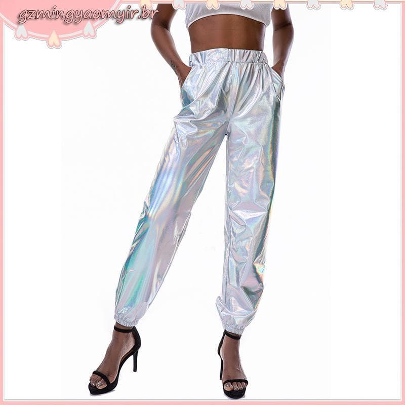 Calça Feminina, Jogger, Cintura Alta, Metálico Brilhante, Cor Holográfica