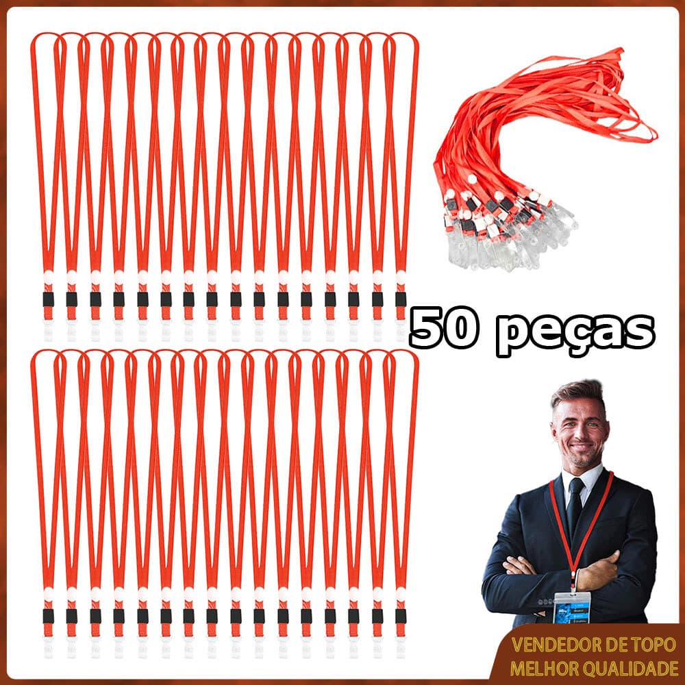 50x Cordões Porta Crachá Cordão vermelho para cartão de identificação com clipe - Cordão confortável para o pescoço