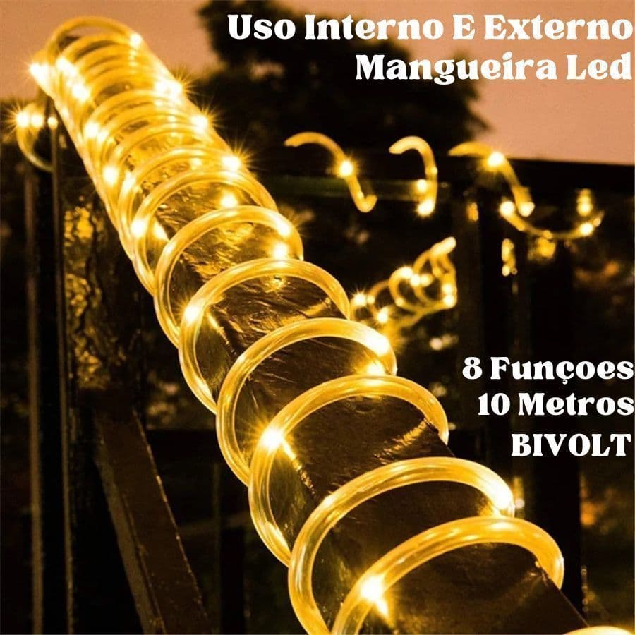 Mangueira Led Redonda Pisca Luminosa 10M 8 Funções Bivolt 110 E 220V Decoração Iluminação