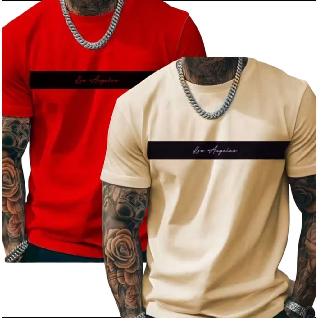 KIT 2 Camiseta Masculina Blusa 100% Algodão Los Angeles Confortavel Premium VERMELHA E BEGE
