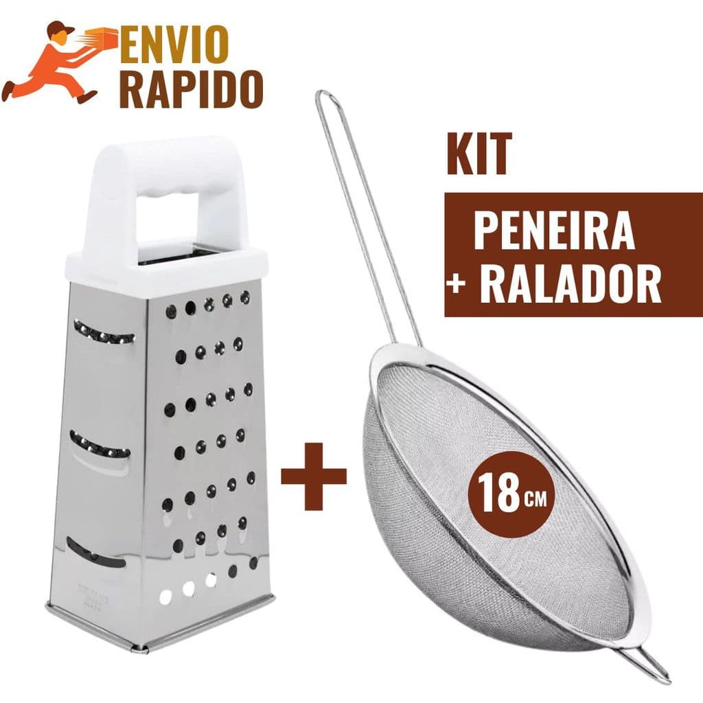 Kit Ralador 4 Faces e Peneira 18cm de Aço Inox Premium Utensílios Cozinha Legumes Queijos Frutas