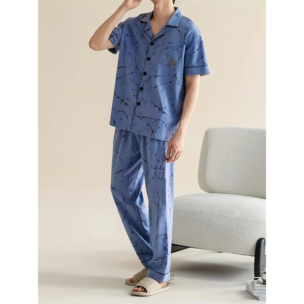 Conjunto de pijama masculino de manga curta e calça com Design de respingo de tinta de 2 peças, pijama confortável de es