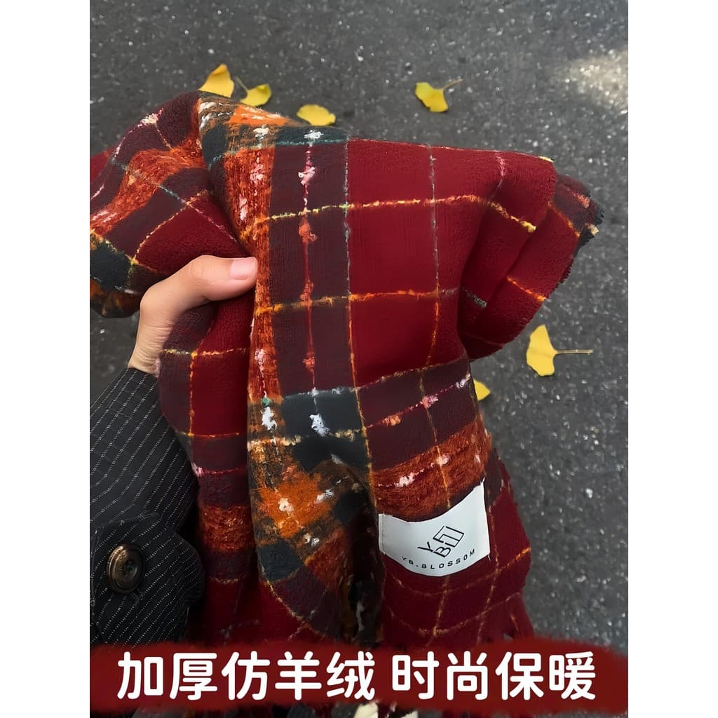 Lenço 2025 outono inverno novo estilo xadrez vermelho estilo coreano imitação de caxemira engrossado Extra grande pele-a