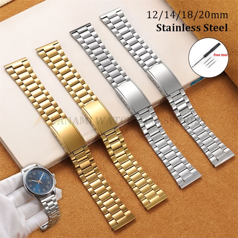 Clássico Pulseira De Relógio De Aço Inoxidável 12mm 14mm 18mm 20mm Metal Fivela Dobrável Universal Vintage Masculino Fem