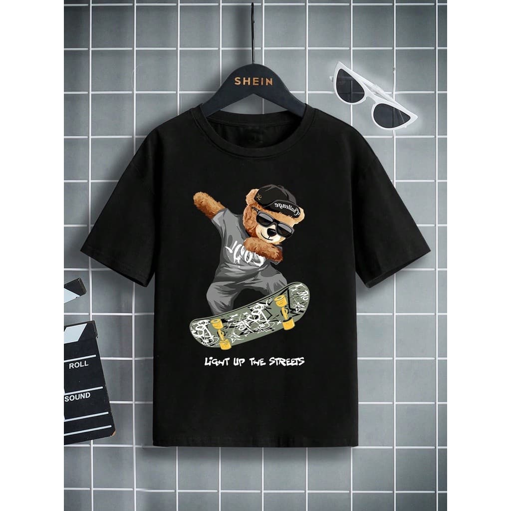 Camisa Camiseta Infantil Juvenil Light Up Bear Urso Skatista Skate Blusa Para Crianças