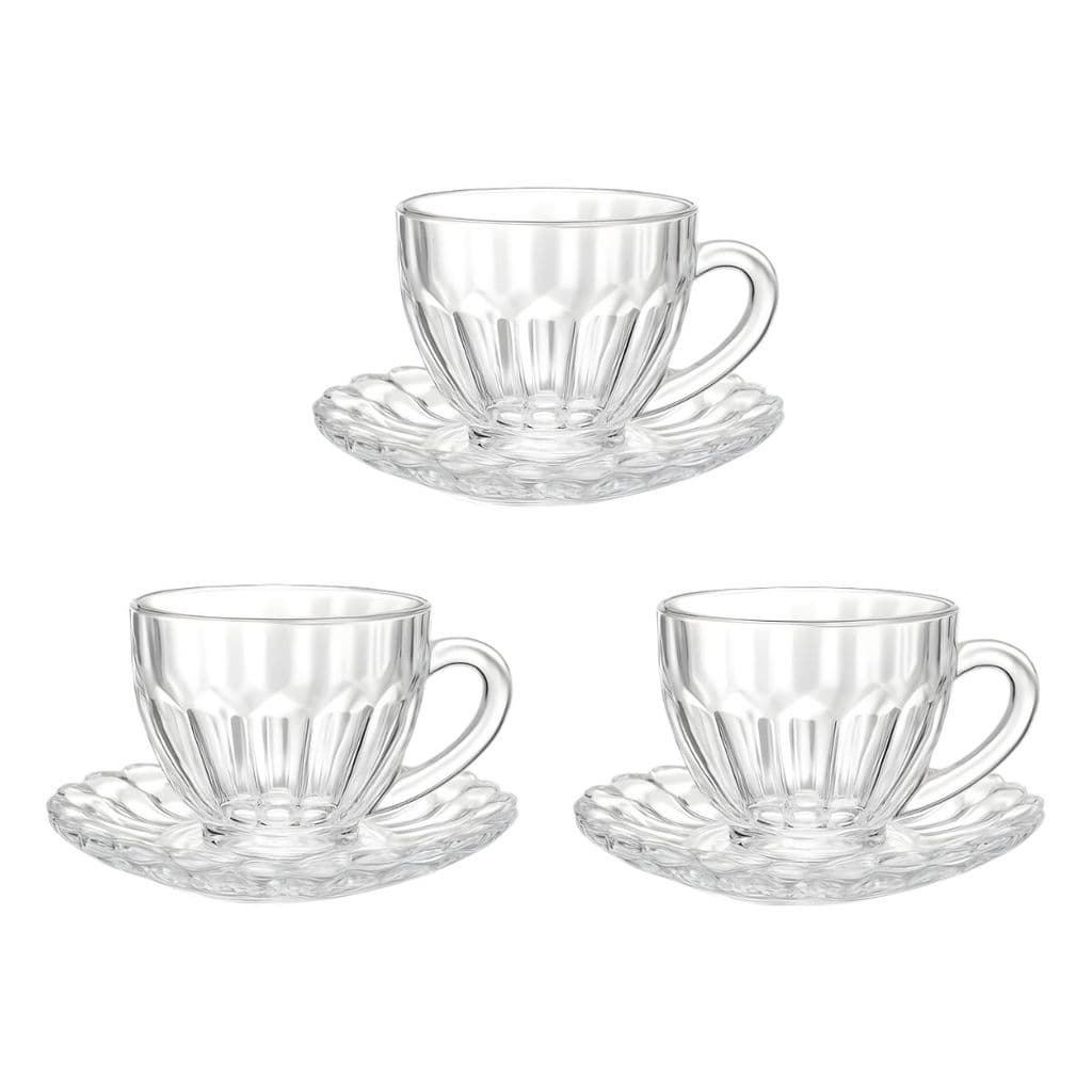 Conjunto 3 Xícara Café 110ml 3 Pires Vidro Clear Incolor Jogo Chá Vidro Transparente 6pç Em Casa Tem