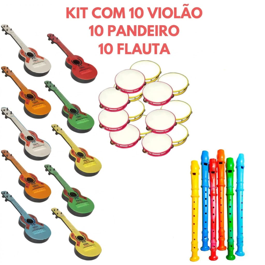 Kit 10 Viola Infantil 10 Pandeiro 10 Flauta Brinquedo Instrumentos Musicais Violão Flautinha