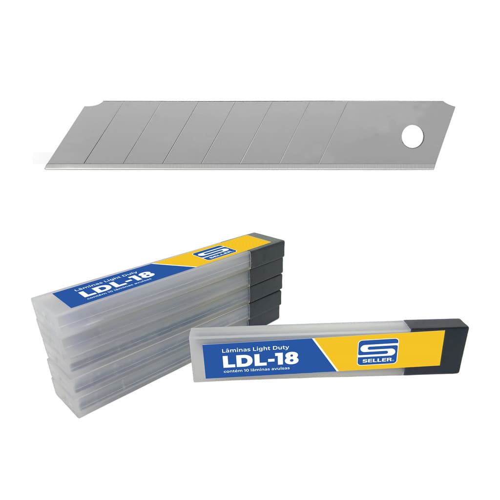 Lâmina Larga para Estilete LDL-18 Seller de 18mm Aço Carbono – 6 tubos com 10 lâminas cada – Corte preciso e durável