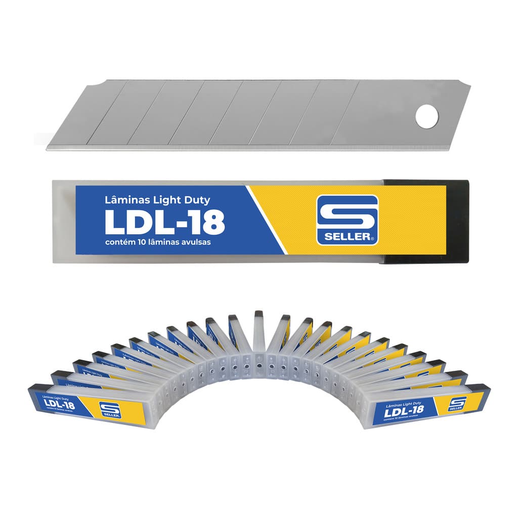 Lâmina Larga para Estilete LDL-18 Seller de 18mm Aço Carbono – 24 tubos com 10 lâminas cada – Corte preciso e durável