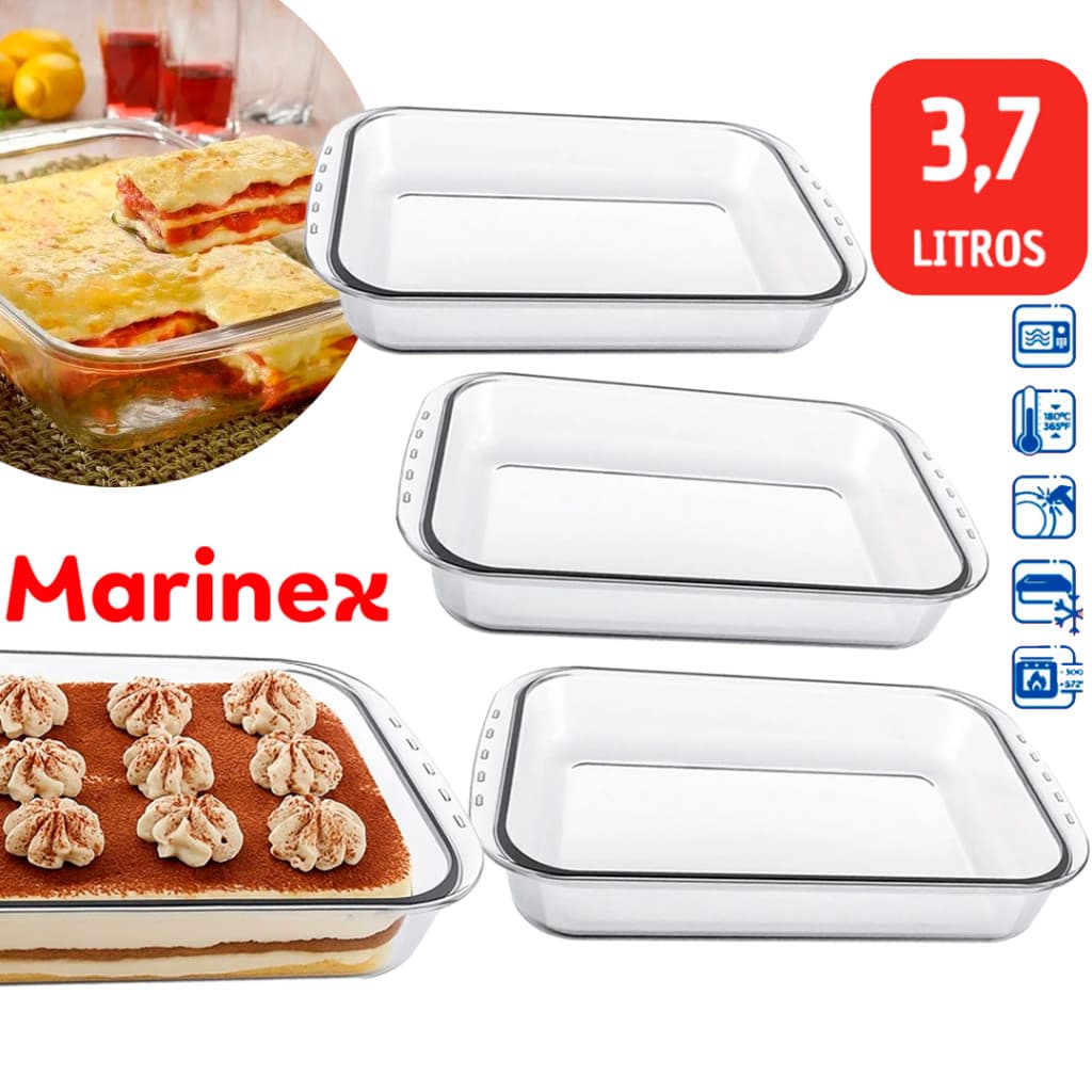 Assadeiras Marinex Lasanheira Retangular Vidro Refratário 3,7LT Sobremesa Multiuso Jantar Grande